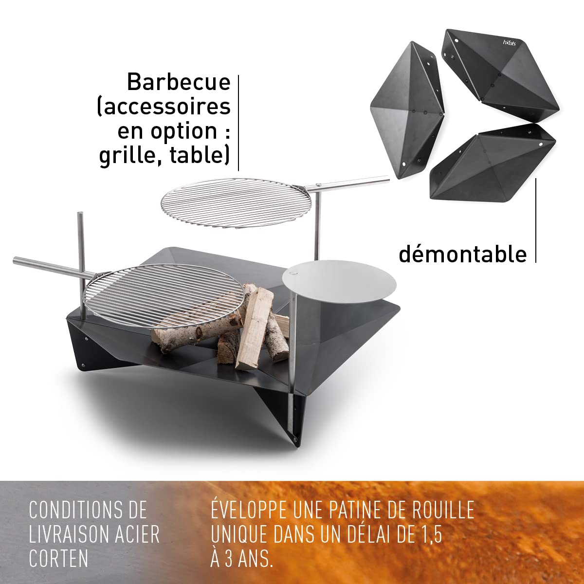 h-fats-triple-120-brasero-chemin-e-et-gril-120-cm-acier-corten-aspect-rouille image 2